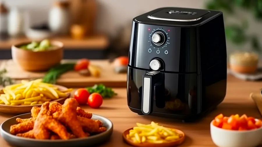 Air fryer noir à panier ouvert entouré d'aliments panés, de frites et de légumes frais sur un plan de travail en bois