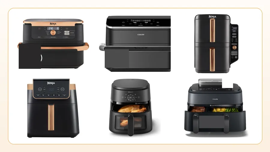 Les six air fryers comparés : Ninja Foodi FlexDrawer, Cosori TwinFry, Ninja Double Stack XL, Ninja MAX PRO, Philips Airfryer 2000 et 5000