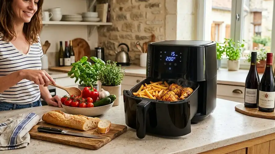 Air fryer noir à panier ouvert contenant des frites et des cuisses de poulet, sur un plan de travail de cuisine avec légumes frais et pain