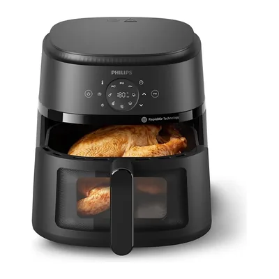 Philips Airfryer 2000 NA230 noir, fenêtre de cuisson éclairée montrant un poulet en cours de rôtissage