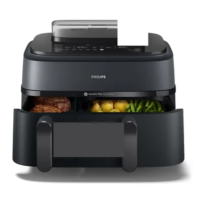 Philips Airfryer 5000 NA550, deux tiroirs de 6 L et 3 L ouverts avec viande et légumes, réservoir vapeur sur le dessus